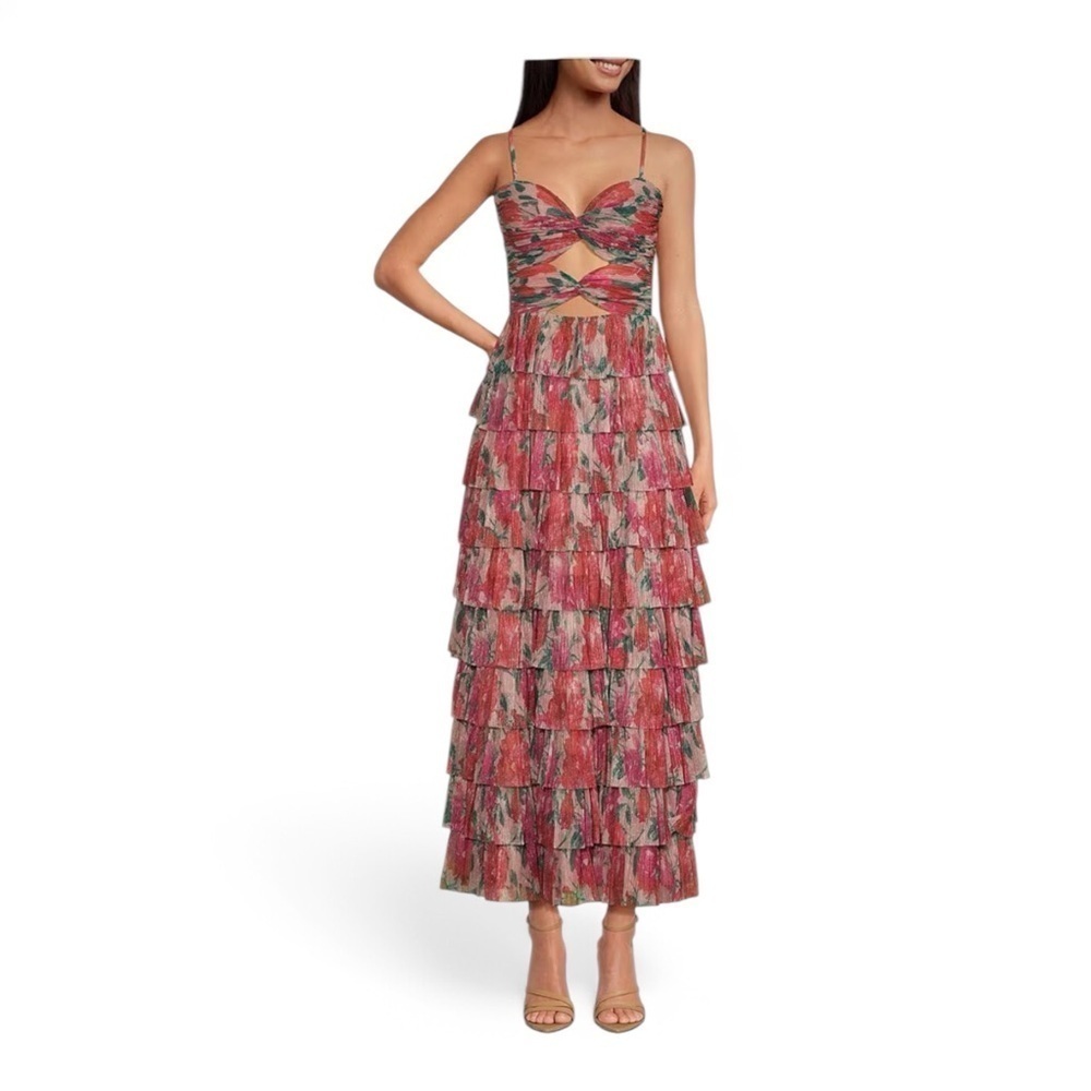 Gianni Bini Grace Metallic Plisse Sweetheart Neck Cut-Out Tiered Dress NWT